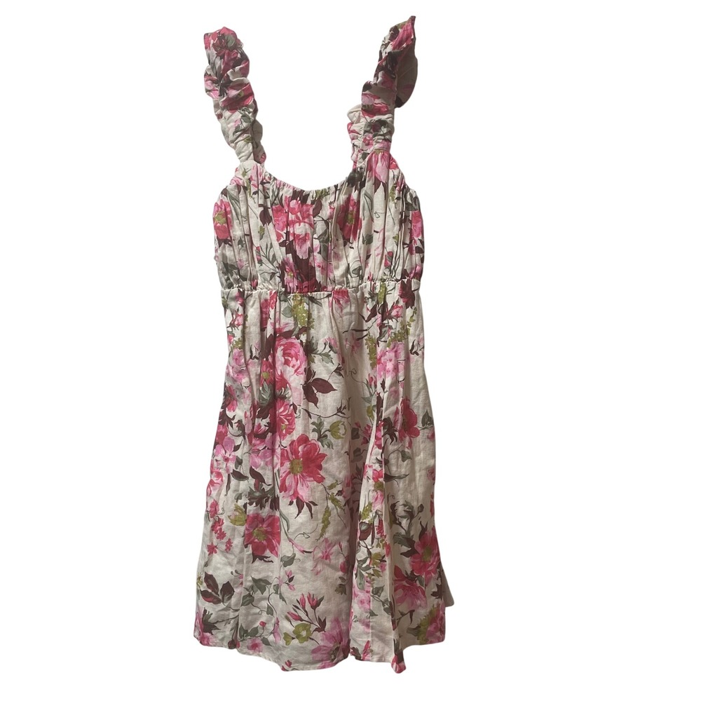 Abercrombie & Fitch Pink Floral Linen Blend Ruffle Strap Mini Dress NWT Large